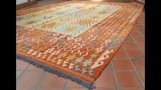 Handmade Afghan Kilim in geometric pattern with terracotta and gold - 309667