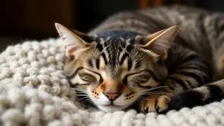 The beautiful cat, tired from the day's affairs, is sleeping soundly and purring in a cozy spot