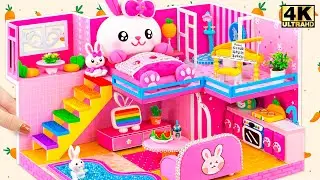 Make Super Cute Two Story Pink Bunny Dollhouse with Mini Pool & Rainbow Slide 💖  DIY Miniature House