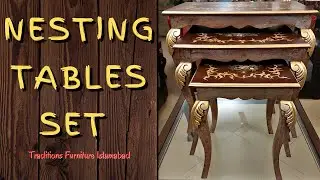 Antique Golden Leafing Nest of 3 Tables with Hand Painted Floral Pattern. Modern Nesting Table Set
