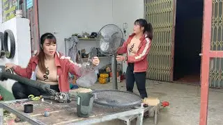 The talented girl repaired the electronic fan that had a broken circuit board and capacitor.