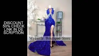 Royal Blue Sequins Rhinestones Prom Dress For Black Girl 2025 Customized Beaded Crystal High Slit Ev