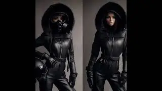 A girl in black leather ski suit with hood. Black leather overalls, down jackets, gloves, gas masks