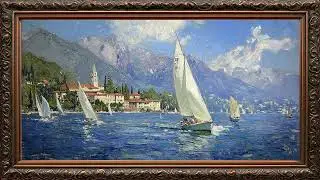 Charming Lakeside Village with Sailing Boats Frame tv Art Vintage Framed TV Art Screensaver