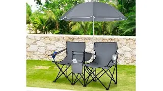 Foldable Picnic Camping Chairs Portable 2 Seater With Umbrella And Cooler Bag