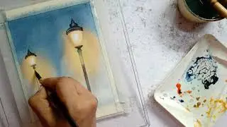 Watercolor winter season painting series 5/10 | Watercolor Night street lamp scene for beginners.