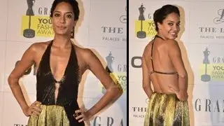Lisa Hayden SIZZLES in a BACKLESS & DEEP NECK gold gown