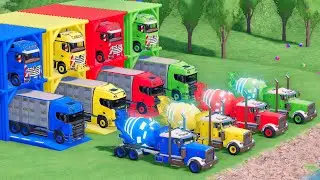 Trucks With COLORS - PETERBILT MIXER TRUCK and SCANIA ANIMAL TRUCK with FLATBED TRAILER TRUCK