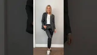 Sporty Chic Look: Leather Joggers, Pinstripe Blazer & Graphic Tee #fashiontrends #ootd #sportychic