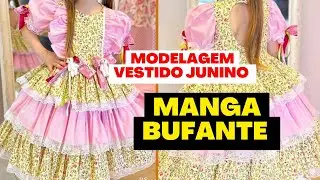 como fazer manga bufante, modelagem de vestido junino infantil com decote nas costas #vestidojunino
