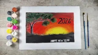Happy New Year 2026 drawing | beautiful painting for beginners || sunset painting || tree drawing 