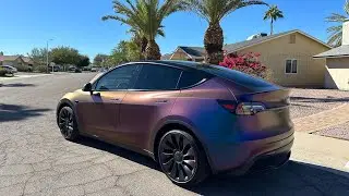 Satin Rushing Riptide Tesla Model Y Vinyl Wrap (reveal)
