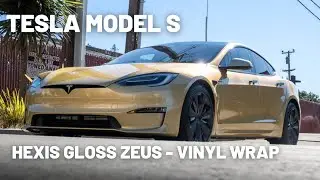 Tesla Model S 2022 года &mdash; виниловая пленка Hexis Gloss Zeus Gold Fine Glitter