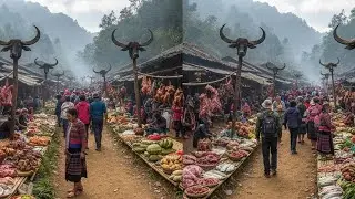 Traditional market in Bac Ha Lao Cai buffalo meat, pork, chicken, agricultural products Hmong people