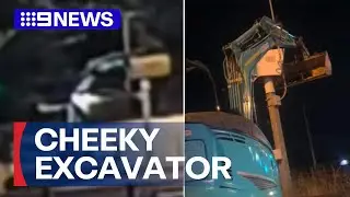 Brazen moment driver uses excavator bucket to block speed camera | 9 News Australia