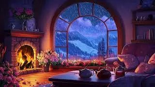 Soothing Blue Hour Rain in a Mountain Cabin 🏔️ Rain on Window & Fireplace | Deep Sleep & Relax