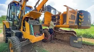 JCB 3DX Excavator Helps to Start Engine and then Repairing Road and Rail Unloading in Truck Trailer