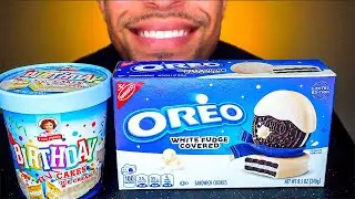 LITTLE DEBBIE OREO BIRTHDAY CAKE ICE CREAM WHITE CHOCOLATE COVERED COOKIES EATING MOUTH SOUNDS JERRY