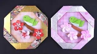 折り紙 うぐいすと梅の花のリース 折り方 Origami Warbler bird and plum flower wreath tutorial（NiceNo1）
