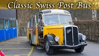 Zurich city classic yellow Swiss Post bus leaving with horn sound.