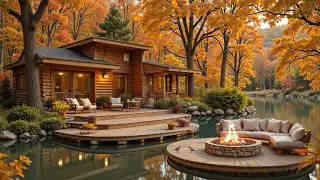Beautiful Autumn Cozy Fireplace Lakeside Cabin 🍂🔥 Relaxing Piano Music for Working and Studying