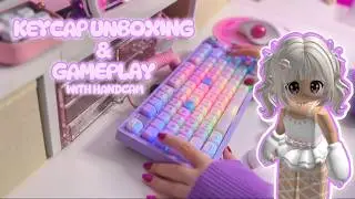 ASMR Unboxing cute purple kitty keycaps and playing Roblox with handcam! 💜