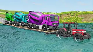 Flatbed Trailer Tractor Truck Rescue Mixer Truck - Cars vs Deep Water and Speed Bumps - BeamNG.drive
