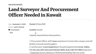 Kuwait Jobs for Land Survey & Procurement Officer(Kuwait 2020 New Jobs)(September 2020 Jobs)