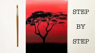 Simple African Sunset | Acrylic Painting Tutorial for Beginners Step by Step ( ENG SUB )