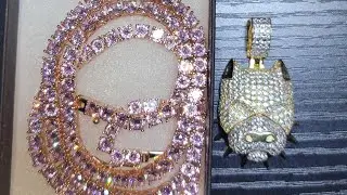 Harlem Bling 925 Silver Pink Diamond Rose Gold 4mm Tennis Chain And 925 Silver Pitbull Dog Pendant
