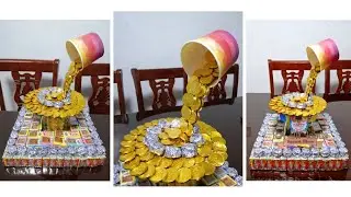 DIY SQUARE CANDY CAKE WITH FLOATING CHOCOLATE COINS ON TOP