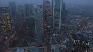 High angle view of Eurotower and skyscrapers and in foggy financial district of Frankfurt am Main