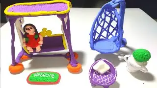 HOW TO MAKE AIR DRY CLAY MINIATURE  SWING   WITH STAND, doll, bin bag,tree pot.ASIMA DRY CLAY ART.