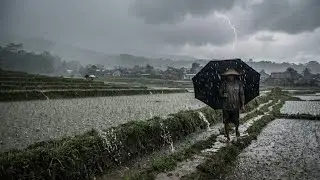 Walking in the rice fields, heavy rain, calming, peaceful atmosphere