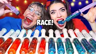 ASMR RED vs BLUE Jello Shooter Race With Popping Boba & MOST POPULAR SOUR CANDY! 먹방