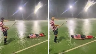 Soccer player pretends to be a fish during heavy rainstorm #Shorts