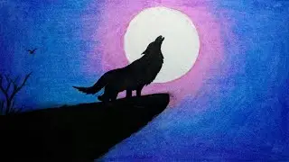 How to draw Scenery of Moonlight Wolf with Oil Pastel step by step