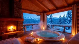 Cozy Winter Cabin ASMR | Fireplace, Hot Tub, Mountain Snow