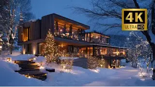 4K Luxury Winter Cabin Ambience ❄️ Cozy Lights, Snowfall & Calm Winter Music (4 Hours)