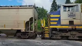CN 3080, 3969 pull a Eastbound loaded potash covered hopper freight train through Michigan 