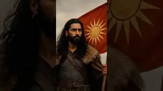 An Aryan warrior with the Surya flag, Sun God