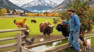 Livestock farming in remote alpine village fields. Harvesting Fruit in Countryside Villages