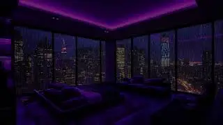 Luxury NYC Bedroom at Night 🌌 Purple Neon City Glow & Deep Rain Ambience