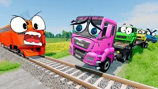 Flatbed Trailer Truck Potholes Transport Car Rescue - Cars vs Deep Water - BeamNG.drive #364