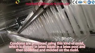 Condom is produced using mold, which is dipped in latex pool, then solidified and molded on the mold