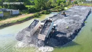 Episode​ 80| Excellent Operating Bulldozer Moving Rock Stone into water, Dump Truck Unloading