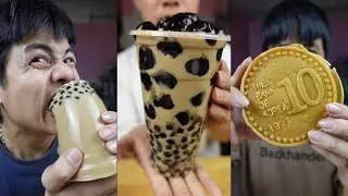 First time trying whole cup of milk tea jelly, full pearl milk tea and coin cake