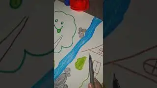 drawing tree river house sun made by art