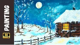 How to Paint a Cozy Winter Cabin & Moonlit Night | Scenery Painting Tutorial