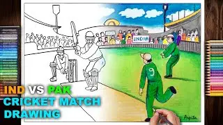 India Vs Pakistan Cricket Match Drawing | How To Draw A Cricket Match In Stadium | Cricket Drawing